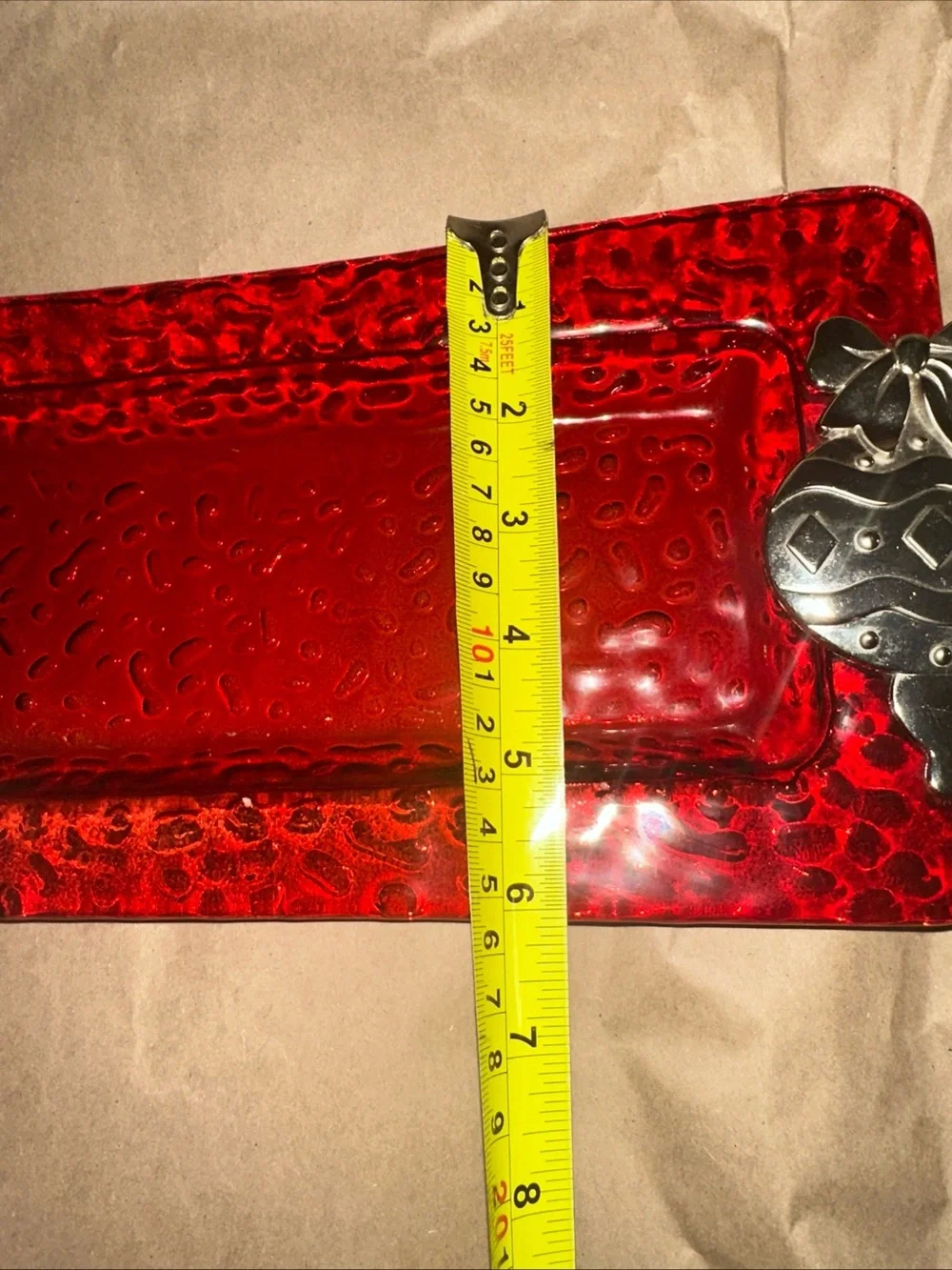 Red Glass Vanity Tray with Silver ornament Accent Handles Christmas